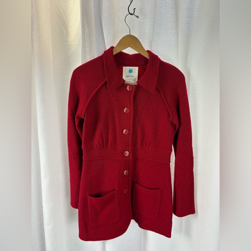 Anthropologie Sparrow Red 100% Boiled Wool Button Front Jacket Size Small 646‎